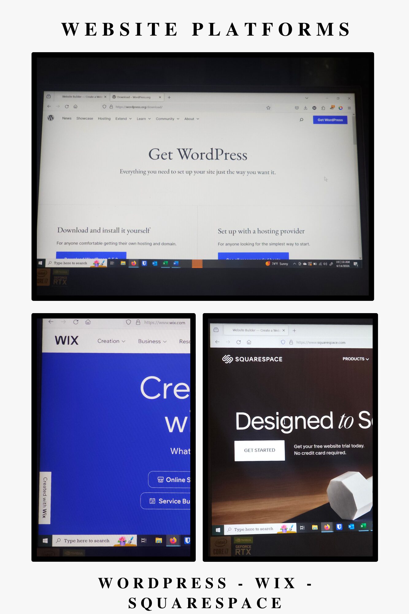 image showing wordpress, wix, and squarespace home page
